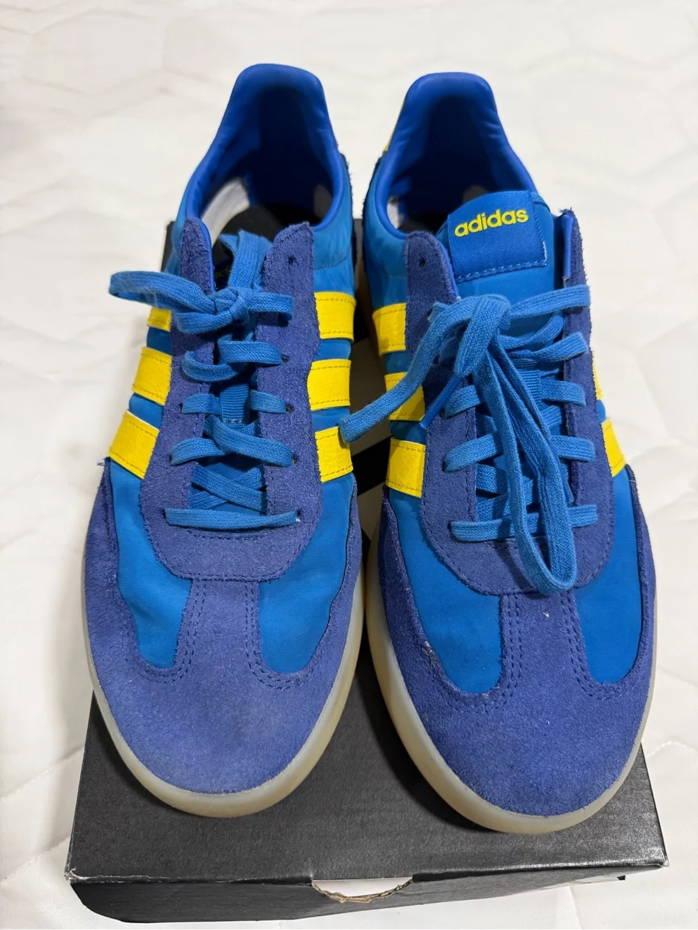 adidas Barreda Decode Blue and Yellow Suede Accent Sneakers